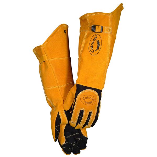 Caiman Premium Split Deerskin MIG/Stick Welding Gloves with Fleece/Foam Insulation, 21-inch length, Split Cowhide Leather Heat Shield Patch, Sock Lined Foam, Kevlar, Black/Gold, X-Large (1878-5)