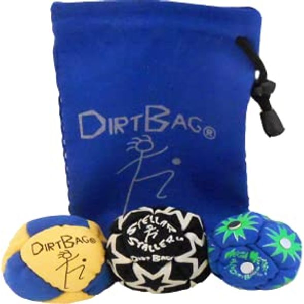 DIRTBAG All Star Footbag Hacky Sack 3 Pack with Pouch, 100% Handmade, Premium Quality, Bright Vivid Colors, Signature Carry Bag - Yellow/Blue