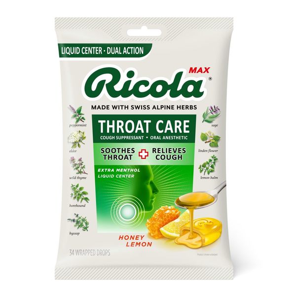 Ricola Max Throat Care Honey Lemon Cough Drops,Liquid Center,Dual Action,34Count