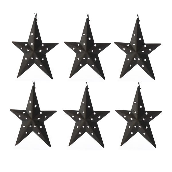 6 Primitive Black Rustic Flat Black Dimensional Star Ornaments with Tiny Star Cutouts