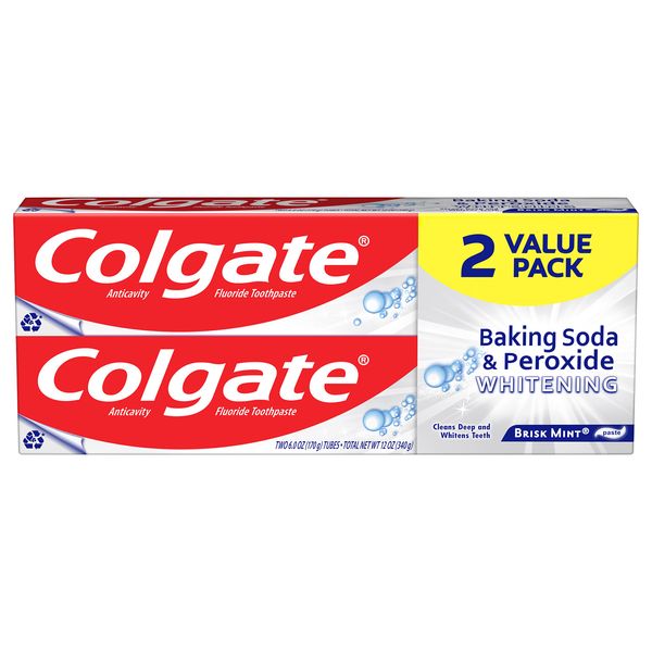 Colgate Baking Soda and Peroxide Toothpaste, Whitening Brisk Mint Flavor, Whitens Teeth, Fights Cavities and Removes Surface Stains for Whiter Teeth, 6 Oz Tube, 2 Pack