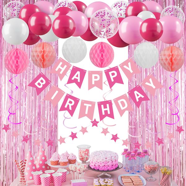 Pink Happy Birthday Party Decorations for Women Girls, Pre-Strung Happy Birthday Sign Banner, Pink Balloons, Fringe Curtain, Tissue Paper Pom Poms, Star Garland, Hanging Swirls for Birthday Party