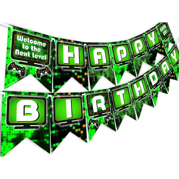 POP parties Gaming Party Happy Birthday Banner - Video Game Party Supplies - Game Truck Party Decorations - Gaming Green