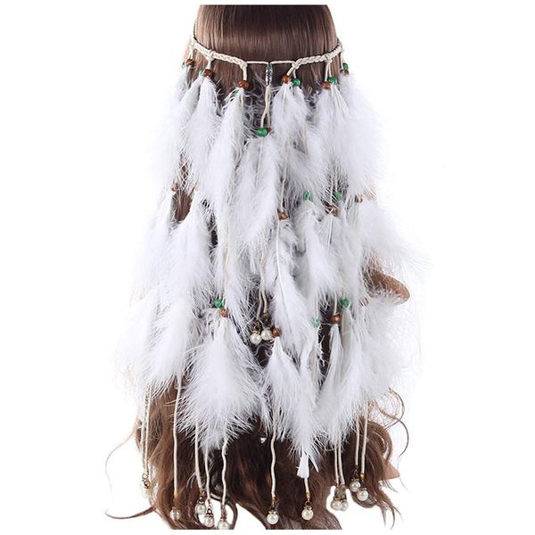 Feather Headband White Fake Pearl Hippie Indian Boho Hair Bands Tassel Bohemian Halloween Hair Hoop Women Crown Hairband Party Decoration Headdress Cosplay Costume Headwear Headpiece Hair Accessories