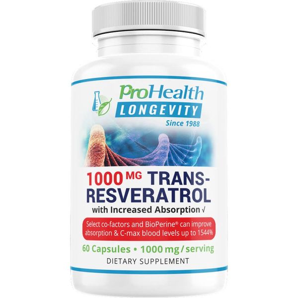 ProHealth 1,000 mg Trans-Resveratrol. 99.5% Pure, 15X Better Absorption from 420mg Polyphenol Complex (Quercetin, Red Wine & Green Tea Extracts, BioPerine) (60 X 500mg Capsules = 30 X 1000mg Servings)