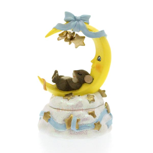 Charming Tails - Mini Lidded Box - Mouse on Crescent Moon (blue ribbon)