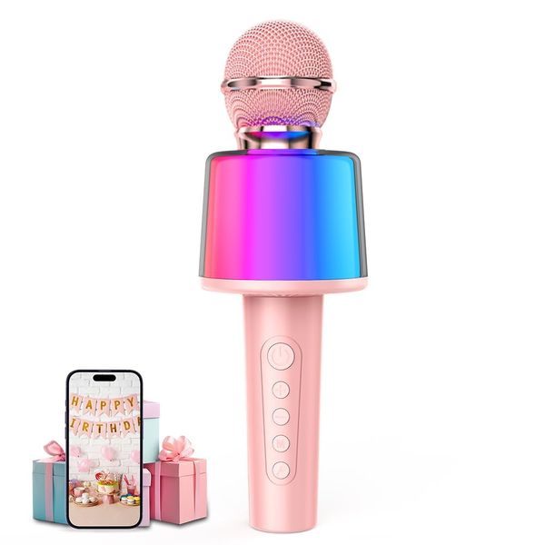 Kids Karaoke Microphone with RGB Led Light,Pink Microphone for Kids Fun Voice Changer Toy for 2 3 4 5 6 7 8 9 10 Years Best Birthday Party Ideas Gift Boy and Girls Wireless Bluetooth Karaoke Machine