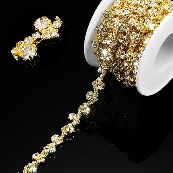 Kigeli Bling Rhinestone Trim Crystal Rhinestone Chain Applique Rhinestone Applique Sewing Embellishments for DIY Dress Clothing Wedding Crafts Bridal Jewelry, 0.39 Inch Wide (Gold, White,3 Yards)