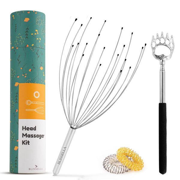 Blissella Massage Kit - 20 Fingers Head Massager Scalp with Extendable Back Scratcher & 2 Finger Massage Rings - Deep Relaxation Tools for Head Pressure and Stress Relief