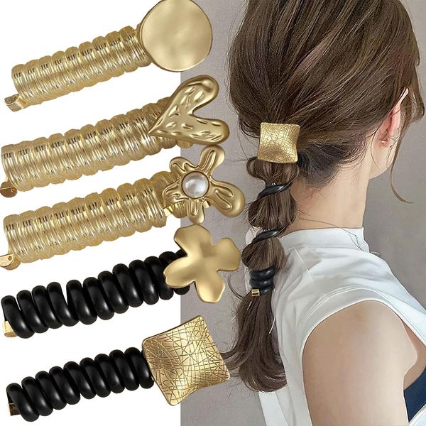 Spiral Rip Telephone Cord Hair Ties, Gold and Black Elastic Coil Phone Cord Ponytail Holders Telephone Wire Rubber Scrunchies Hair Bands(5pcs)