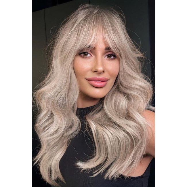 LANOVA Bang Wig Synthetic, Ash Blonde Wig with Bangs, Ombre Blonde Wig for Women, Glueless Synthetic Hair Light Blonde Wavy Wig with Bangs, 22 inch, LANOVA-167