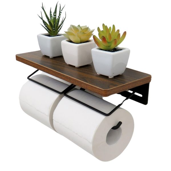 Towa Sangyo 44529 Toilet Paper Holder, Wood & Steel Paper Holder with Shelves, 2 Layers, Black, Approx. 11.0 x 4.5 x 3.3 inches (28 x 11.5 x 8.5 cm)