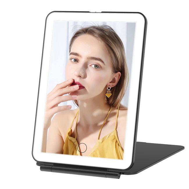 FACSINATE LED Mirror, Makeup Mirror, Folding Mirror, Tabletop, Light Included, Foldable, Compact, 3 Modes of Color, Brightness Adjustment, Angle Adjustable, USB Rechargeable, Convenient to Carry (Black)