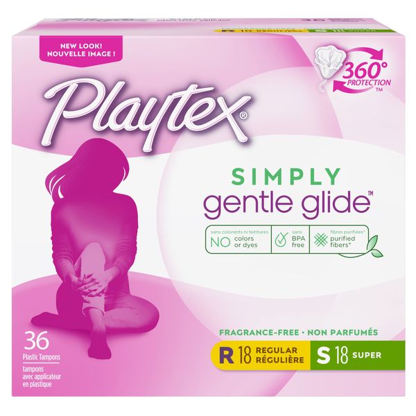 Playtex Simply Gentle Glide Tampons, Multipack (18ct Regular/18ct Super Absorbency), Fragrance-Free - 36ct