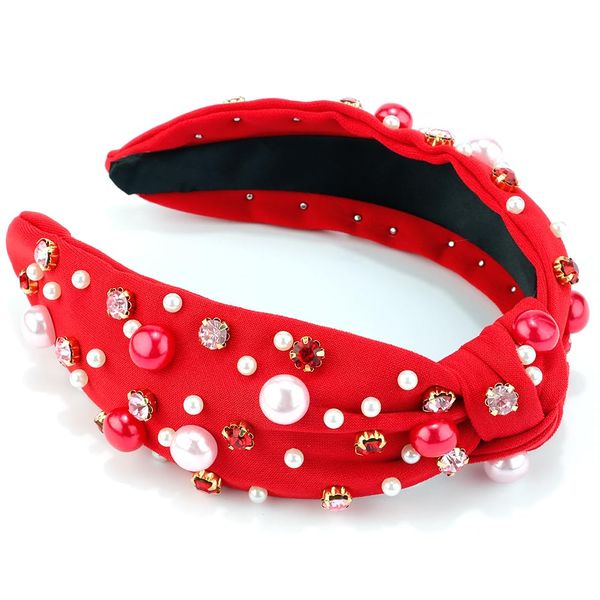 AHONEY Red Headband Women Girls Red Knotted Headband Pearl Crystal Knotted Jeweled Wide Top Knot Headband Valentine’s Day Gifts Hair Accessories for Women (Red)