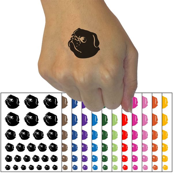 Solid Pug Looking Back Temporary Tattoo Water Resistant Fake Body Art Set Collection - Black (One Sheet)