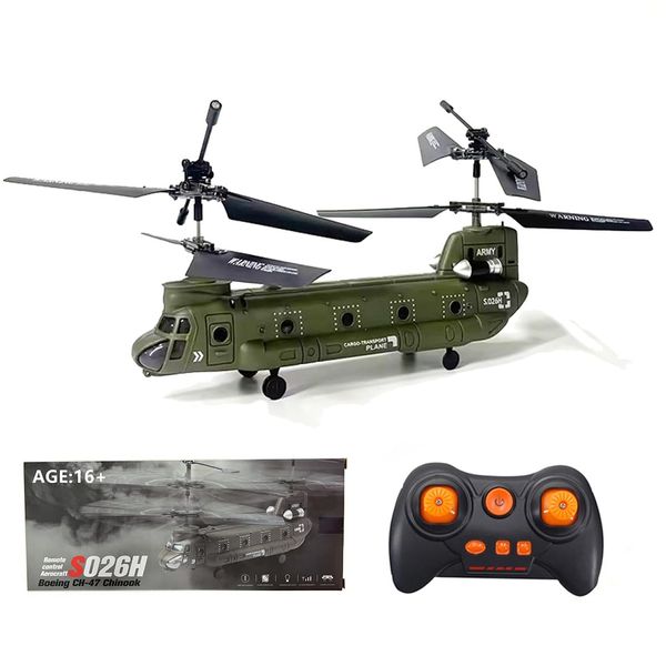 FunXylophy RC Helicopter, S026H 2.4G 3CH Dual-Rotor Transport Aircraft Military Aerocraft Model with One-Key Takeoff and Landing Function (RTF Version/Army Green)