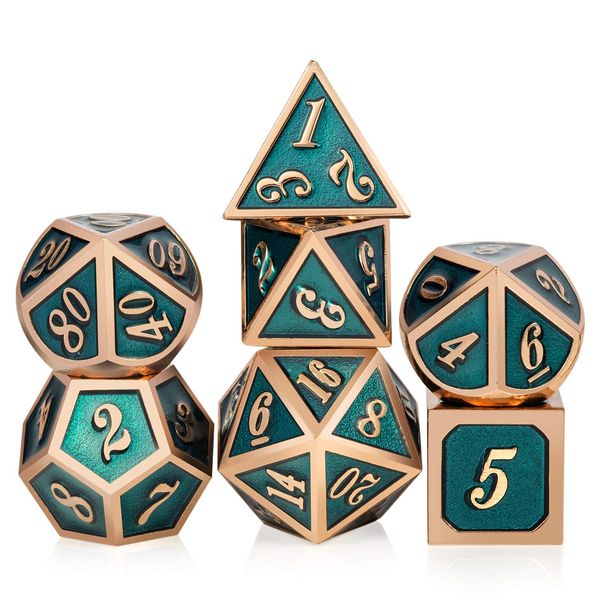 Teal D&D Metal Dice Set,DNDND 7 PCS Metallic Dungeons and Dragons Dice with Free Metal Case for D&D Game Role Playing (Teal and Copper)