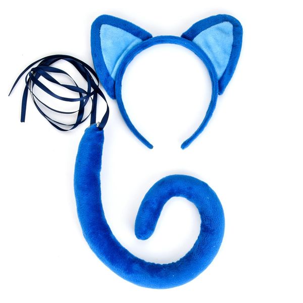 DDazzling Blue Cat Ears Headband and Tail Set Read Book Day Dress Up,Halloween Cat Costume Family Accessories (Blue)