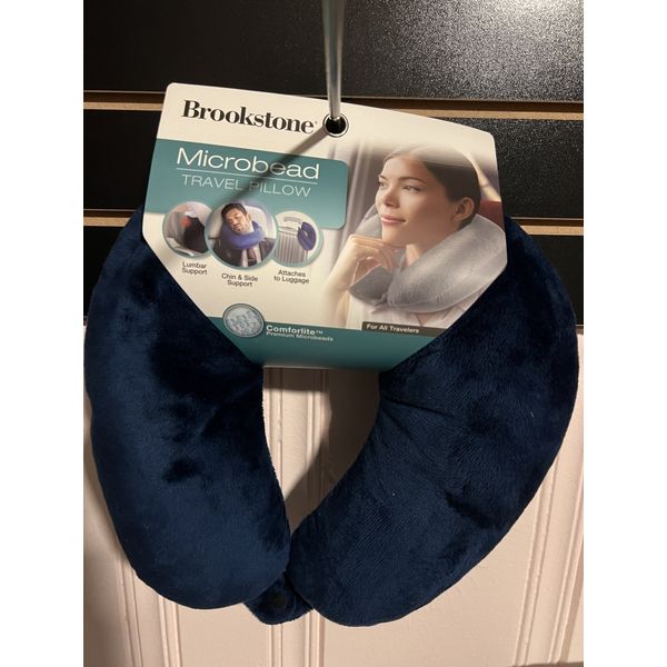 NWT Brookstone Memory Foam Microbead Travel Neck Pillow: Vacations, Navy Blue