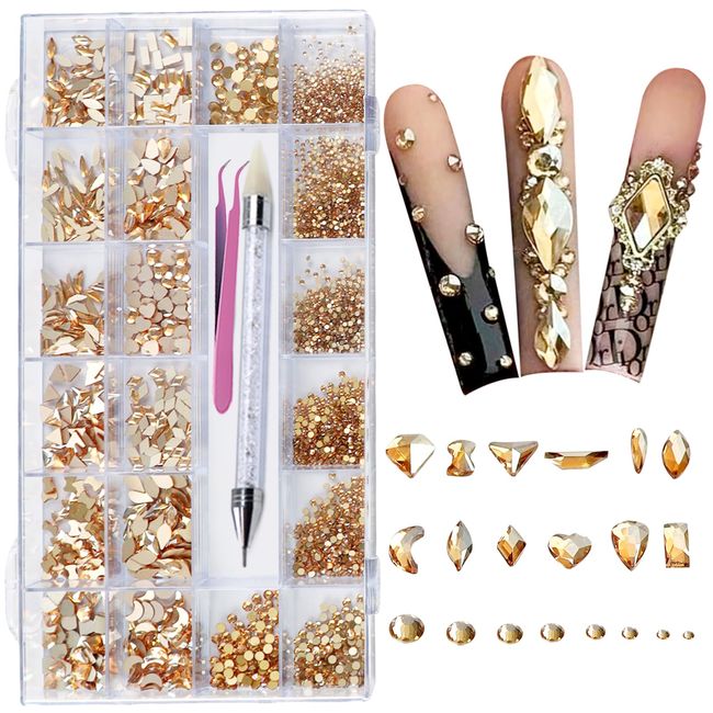 AMLAVIFISH Rhinestones for Nails, 6080Pcs Gold Nail Art Rhinestones Kit, Gold Gems for Nails, Crystals Diamonds for Nail Art Design, Mix Sizes Nail Gems(Picking Pen and Tweezers Included)