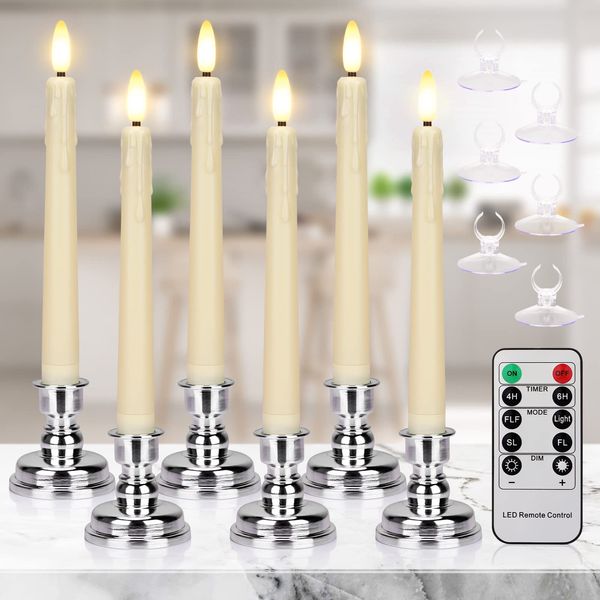 Flameless LED Taper Candles with Warm White Lights, 8 Inch Battery Operated Window Candles with Timer Remote, Flickering 3D Flame Candle with Silver Holders & Suction Cups for Decorations,Christmas