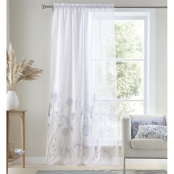 Catherine Lansfield Meadowsweet Floral 55x90 Inch Tab Top Voile Curtain Panel White