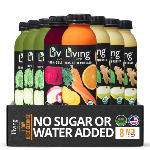 O2 Living Juice Cold-Pressed Juice, 1-Day Juice Cleanse, No Sugar or Water Added, Loaded with Nutrients, Vitamins, Enzymes, and Minerals, Detox Drinks for Body Cleansing (12oz, 8 Bottles)