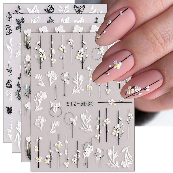 JMEOWIO 3D Fiore Primaverile Adesivi Unghie Nail Art, Stickers Unghie Autoadesivi 5D Decorazioni Unghie Nail Art Disegni 4 Fogli