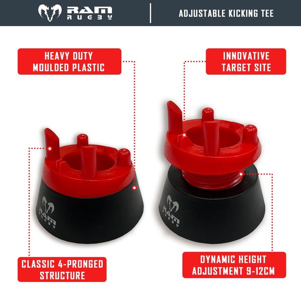 Ram Rugby Adjustable Kicking Tee - Screw Adjustment - Available in Black & Red - 9cm – 12 cm Tee High - For Rugby players to perfect their kicking accuracy and technique. Rugby Training or Match day