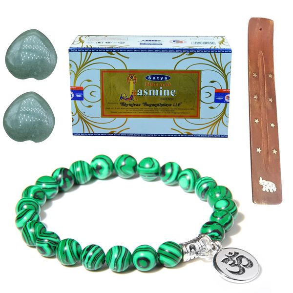 Healing Crystal Natural Malachite Crystal Beads Bracelet Elephant Incense Broad for Stick Green Aventurine Crystal Love Stone Jasmine Sandalwood Yoga Reiki Relax Meditation