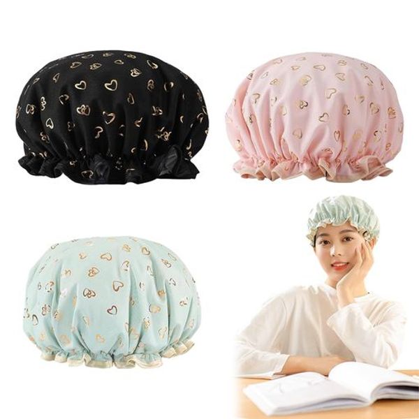 LIROYAL Shower Cap, Set of 3, Hair Cap, Bath Cap, Elastic Hair Cap, 2-Layer Waterproof, Reusable, Colorfast, Lightweight, Cute, Heart-Shaped Pattern, Flexible, Beautiful Hair, Cosmetic Hat, Hot Spring, SPA, Facial Washing Cap, Reusable, Bath, Bath Supplie