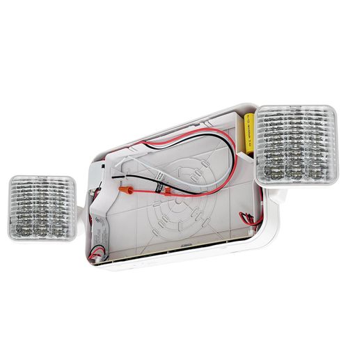 LFI Lights | Combo Red Exit Sign with Emergency Lights | White Housing | All LED | Two Adjustable Square Heads | Hardwired with Battery Backup | UL Listed | COMBO2-R-W-BB