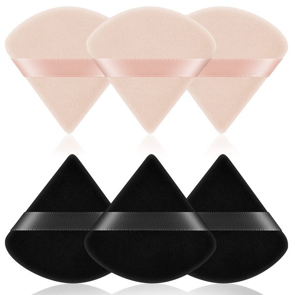 AUAUY 6 PCS Powder Puffs, Pure Cotton Soft Triangle Wedge Makeup Powder Puff for Loose Powder Mineral Powder Body Powder Cotton Velour Cosmetic Foundation Sponge Makeup Tool (3 Black + 3 Skin Colors)