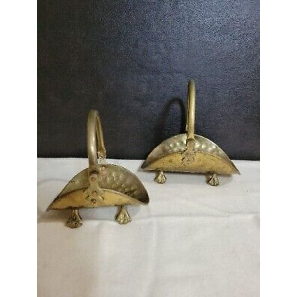 Pair of Mini Vintage Brass Fireplace Log Holders Fire Wood w/ Handle & Claw Feet