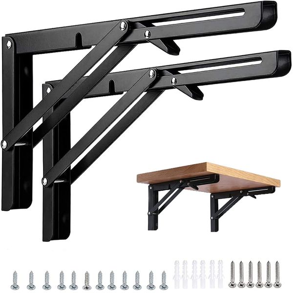 Susuba Shelf Bracket, L-Shaped Bracket, Foldable, Bracket, Wall Shelf, Folding Bracket, Shelf Support, Hardware, Includes Screws, Load Capacity 330.7 lbs (150 kg), Set of 2 (Black, 11.8 inches (30 cm)