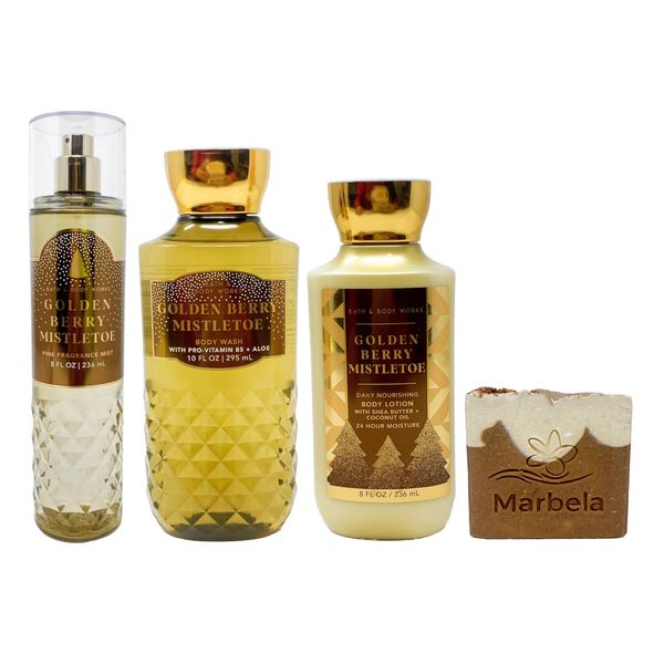 Bath & Body Works Golden Berry Mistletoe - Trio Gift Set - Fine Fragrance Mist, Body Cream, Body Wash and Body Lotion With a Yamma Jamma Bar Soap.