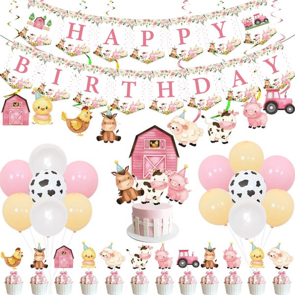 Pink Farm Animals Birthday Decorations for Girls Farmhouse Floral Theme Happy Birthday Banner Cow Pig Donkey Balloons Hanging Swirls Cake Cupcake Toppers for Kids Barnyard Theme Bday Party Supplies