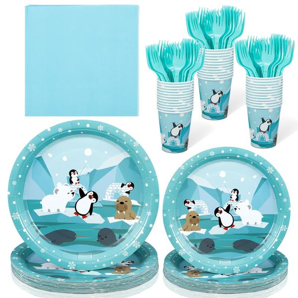 Zubebe 120 Pcs Arctic Animals Birthday Party Decorations Penguin Paper Plates and Napkins Serve for 24 Guests Polar Bear Disposable Dinnerware for Winter Party Decorations Supplies