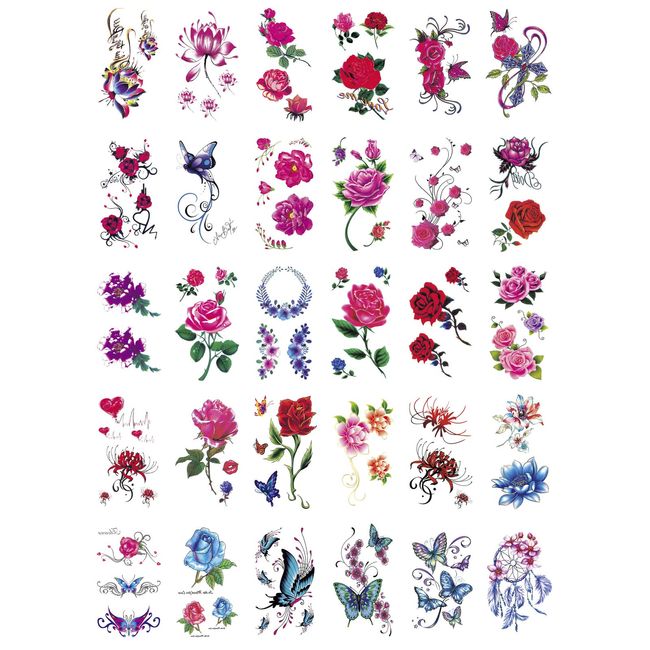 Nirbffo Fake Tiny Temporary Tattoo Rose Flower Butterfly Small Tattoos Stickers 30Sheets 6x10CM