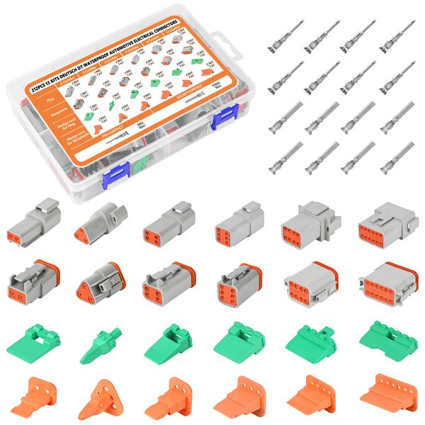 212Pcs 13 Kits Deutsch Connector Kit 2/3/4/6/8/12 Pin DT Connectors 15-20 AWG Deutsch Connector Kit Deutsch Solid Contacts Automotive IP67 Waterproof Electrical Wire Connector Plugs