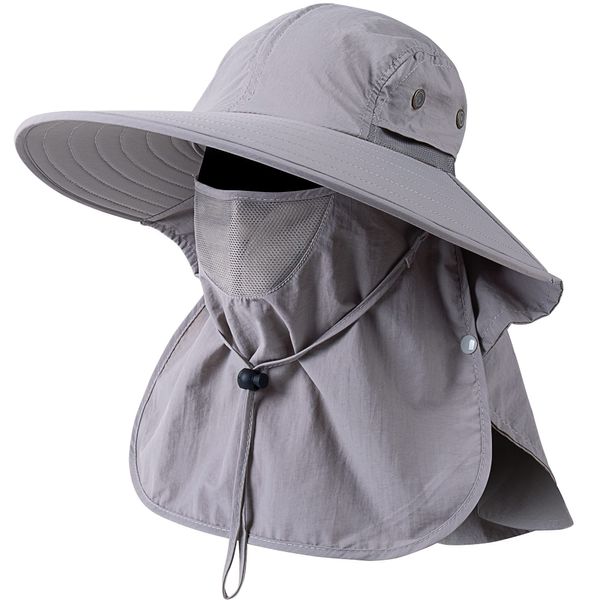 HEEHIPOO Mens Women Fishing Hat UPF 50+ Wide Brim Sun Hat with Face Cover & Neck Flap Grey