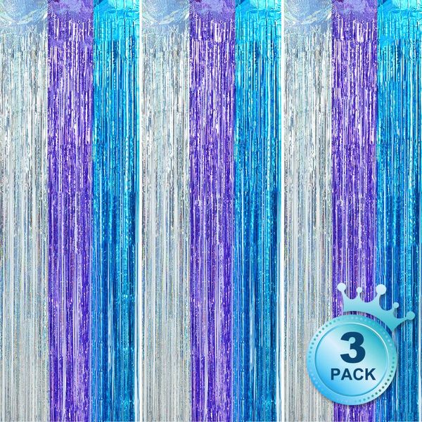 BEISHIDA 3 Pack Streamers Fringe Foil Curtain Backdrop Curtain, Tinsel Curtain Wall Door Party Streamers for Birthday Party Decoration-Silver Blue Purple (3.28 ft x 6.56 ft)