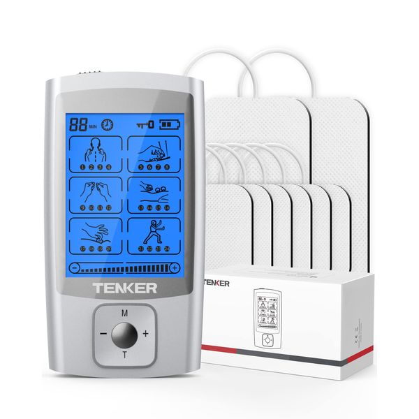 TENKER TENS EMS Unit Muscle Stimulator, 24 Modes TENS Machine for Pain Relief & Muscle Strength Rechargeable Electronic Pulse Massager with 2"x2" and 2"x4" TENS Unit Electrode Pads