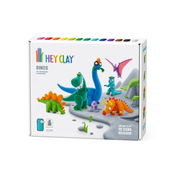 Hey Clay Dinos Set-Colourful Modeling Kids-Air Dry Clay Kit 15 cans and Sculpting Tools with Fun Interactive Instructions App