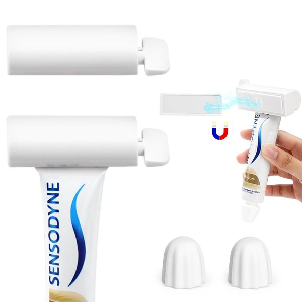 2 Pack Toothpaste Squeezer Rollers Magnetic wall-mounted, Comes with 2 Silcone Toothpaste Cap for Tube Cosmetics, Tube Ketchup etc Dispenser, Simple and Practical, Kid Friendly