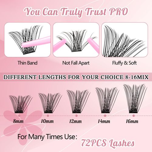 DIY Lash Extension Kit Cluster Lashes Kit with 72 Pcs Lash Clusters Lash Bond Remover Eyelash Applicator Beginner DIY Lashes Kit Easy to Use (Volume Style)