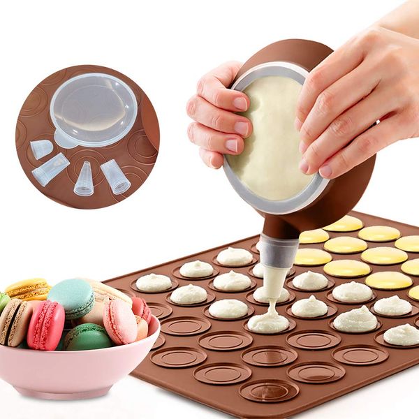 LangRay Silicone Baking Mat, Non-Stick Macaroons Baking Mat Sheet 48 Holes Molds Cake Tray Cooking Bakeware Kit with 1 Decorating Pen and 4 Squeeze Nozzles for Macaron, Cupcake, Dessert