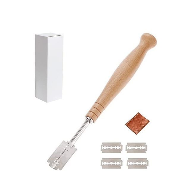 Bread Knife, Wooden Handle, Bread Knife Baker Cutter, Lamé Pan Slashing Tool, Bread Making Tool with Cover, 5 Blades, Replaceable Blade