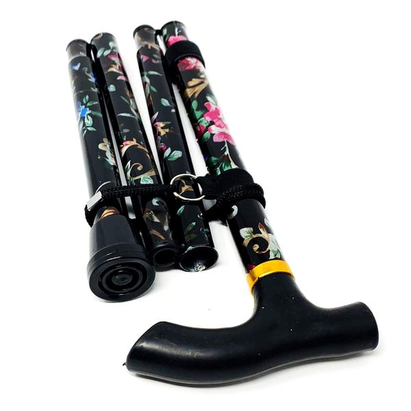 PLASTIFIC Walking Stick, Easy Adjustable Height Folding Extendable Walking Cane, Lightweight Flexible and Durable Walking Aid Mobility Aid Collapsible Walking Stick (Black Flower)